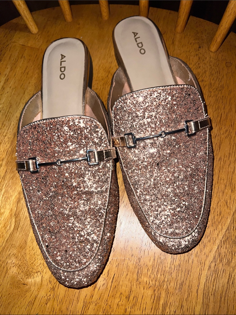 ALDO Rose Gold Glitter Horsebit Slip-On Mules Size 10